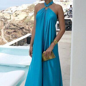 Blue Casual Women's Criss Cross Sleeveless Self-Tie Halter Backless Maxi Dress